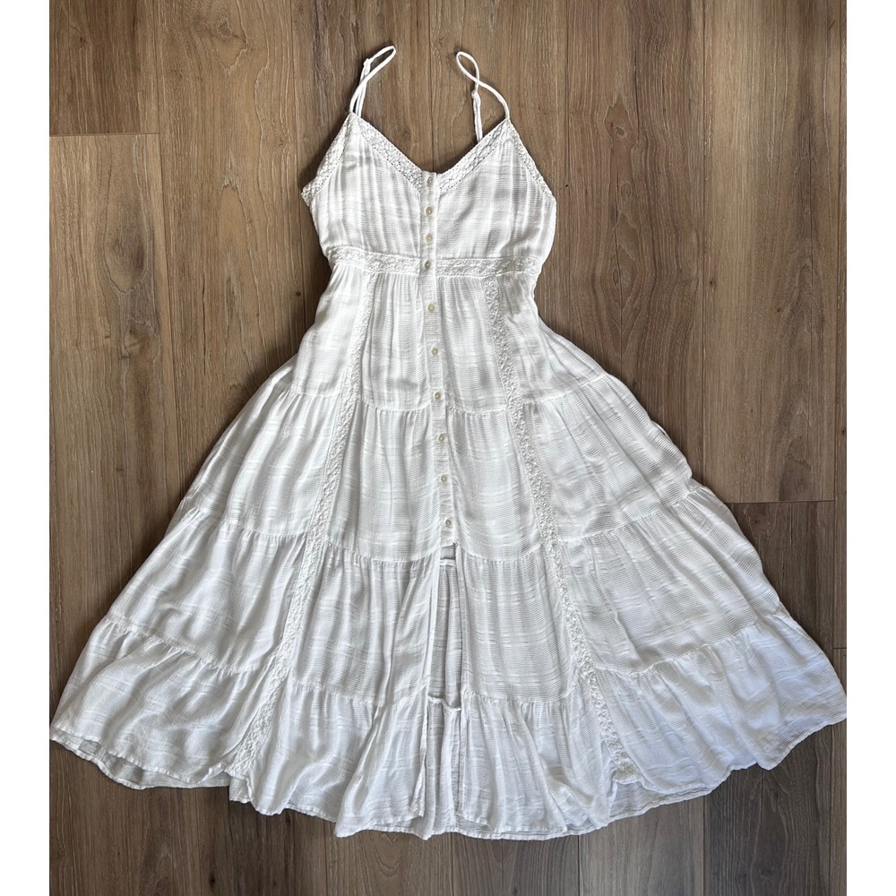White Boho Crochet Lace Tiered Button Front Midi Dress Adjustable Straps